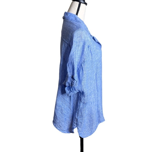 FLAX Blue 100% Linen Short Sleeve Tunic Top Women's Small - Picture 2 of 9